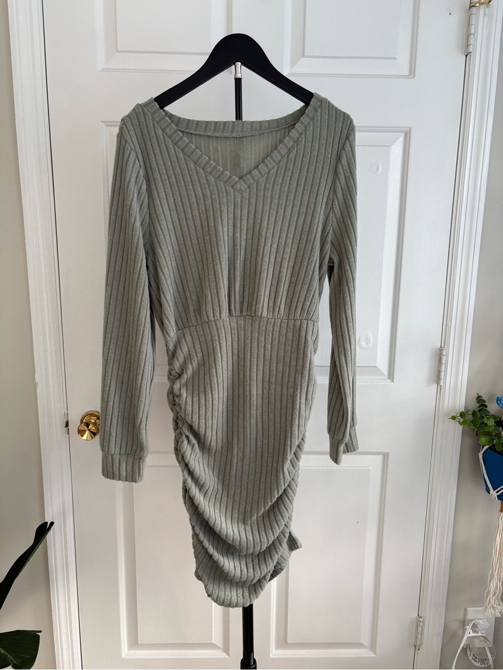Ribbed V-Neck Ruched Knit Dress in Sage